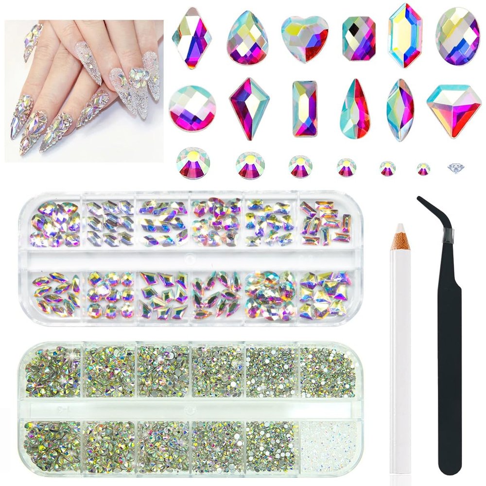 qiipii 4080Pcs Crystal AB Nail Rhinestones 1.5-4mm More Quantity Glass Iridescent Flatback Gems for Nails Round Beads Stones Diamonds jewels Nail Art Charms for Nails Face Eyes Makeup Tumblers Crafts