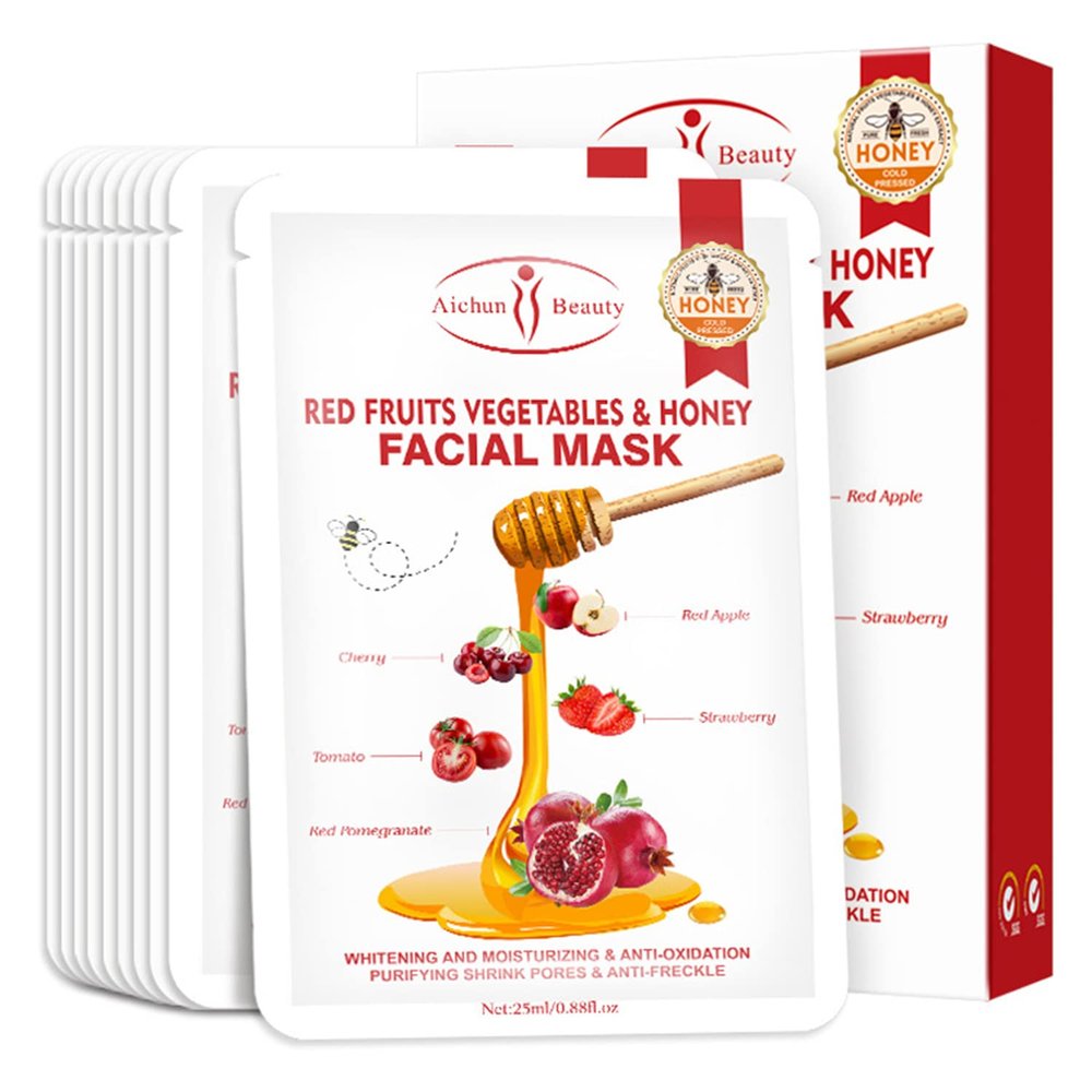 AICHUN BEAUTY Fruits Vegetables Honey Facial Mask Repair Firming Face Skin Anti-Wrinkles Moisturizing 25ml/0.88fl.oz x 10pcs (RED FRUITS VEGETABLES & HONEY FACIAL MASK(10pcs))