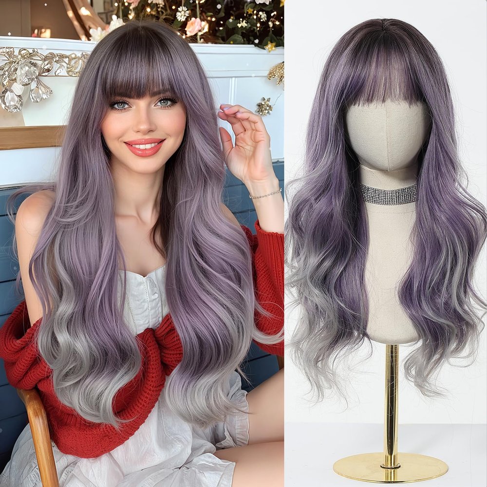 Esmee 24 Inches Long Wavy Ombre Purple to Grey Wigs for Women Natural Synthetic Hair Heat Resistant Ombre Wigs with Bangs for Daily Party Cosplay Use