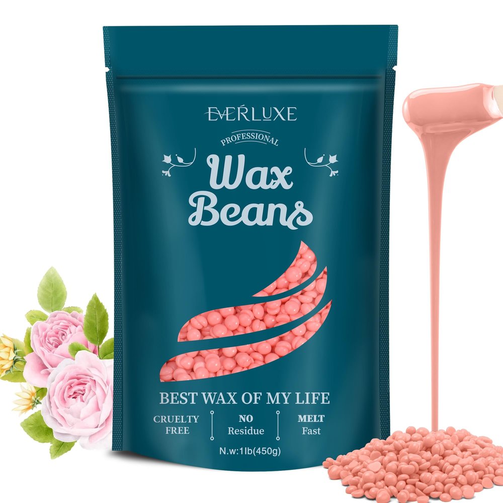 Everluxe Wax Beads-1LB Pink Hard Wax Beads For Hair Removal-Waxing Beads For Sensitive Skin With Rose Extract-Perfect For Bikini/Brazilian/Face/Body Waxing-At Home Beads For Women Men
