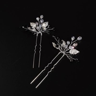 JWICOS Bride Wedding Hair Pins Vintage Leaf Bead Head Piece Wedding Hair Accessories for Women and Girls (Pack of 2) (Silver and Black)