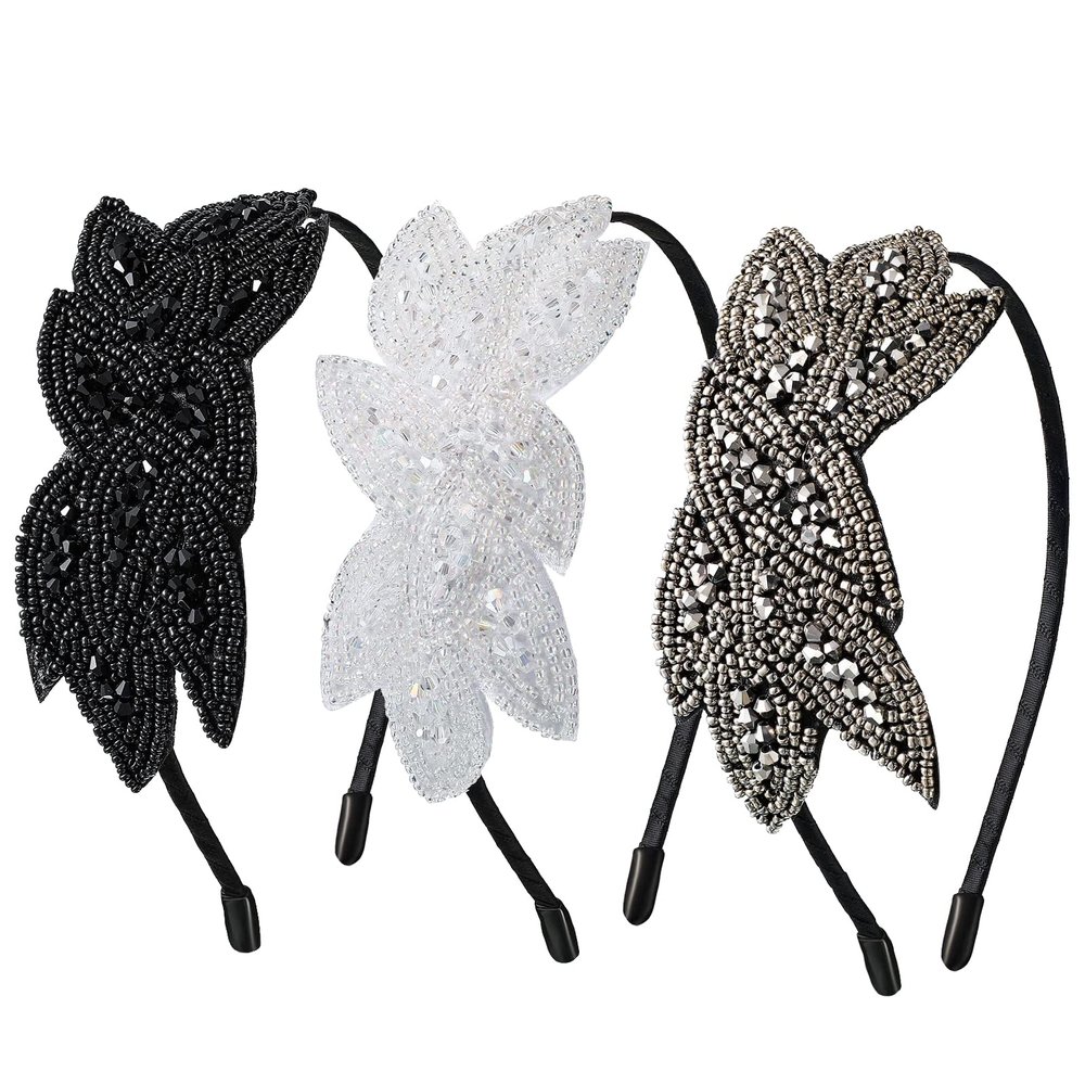 3 Pieces 1920s Flapper Headbands for Women, Headpiece Vintage 20s Flapper Girls Hair Accessory, Black + White + Silver