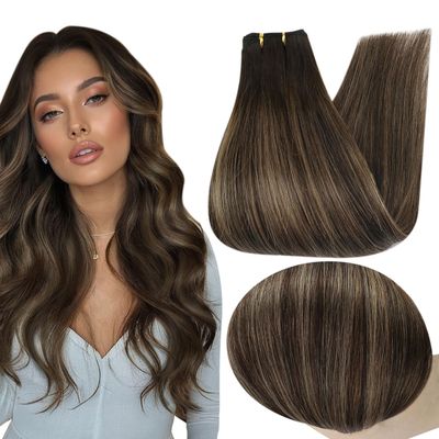 Full Shine Balayage Weft Hair Extensions Human Hair 24 Inch Sew in Hair Extensions Color 2 Dark Brown Fading to 8 Brown Highlight 2 Hair Extensions Real Human Hair 105G
