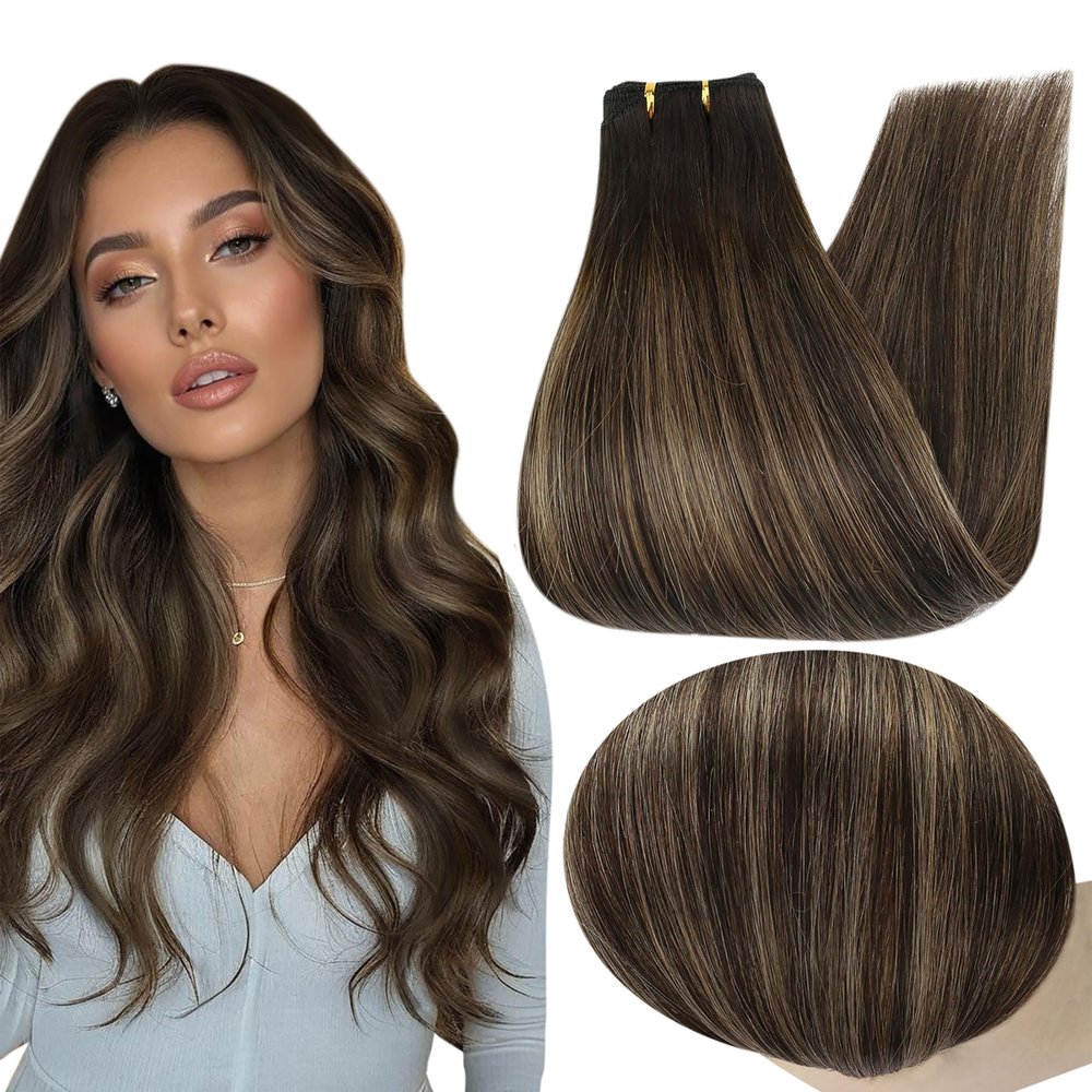 Full Shine Balayage Weft Hair Extensions Human Hair 24 Inch Sew in Hair Extensions Color 2 Dark Brown Fading to 8 Brown Highlight 2 Hair Extensions Real Human Hair 105G