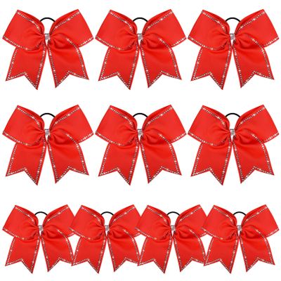 DEEKA 10 PCS 8" Rhinestones Large Cheer Hair Bows Glitter Cheer Ponytail Holder Handmade for Teen Girls Softball Cheerleader Sports -Red