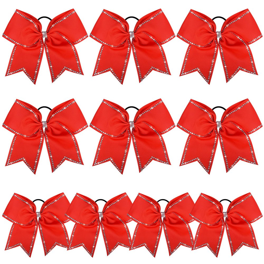 DEEKA 10 PCS 8" Rhinestones Large Cheer Hair Bows Glitter Cheer Ponytail Holder Handmade for Teen Girls Softball Cheerleader Sports -Red