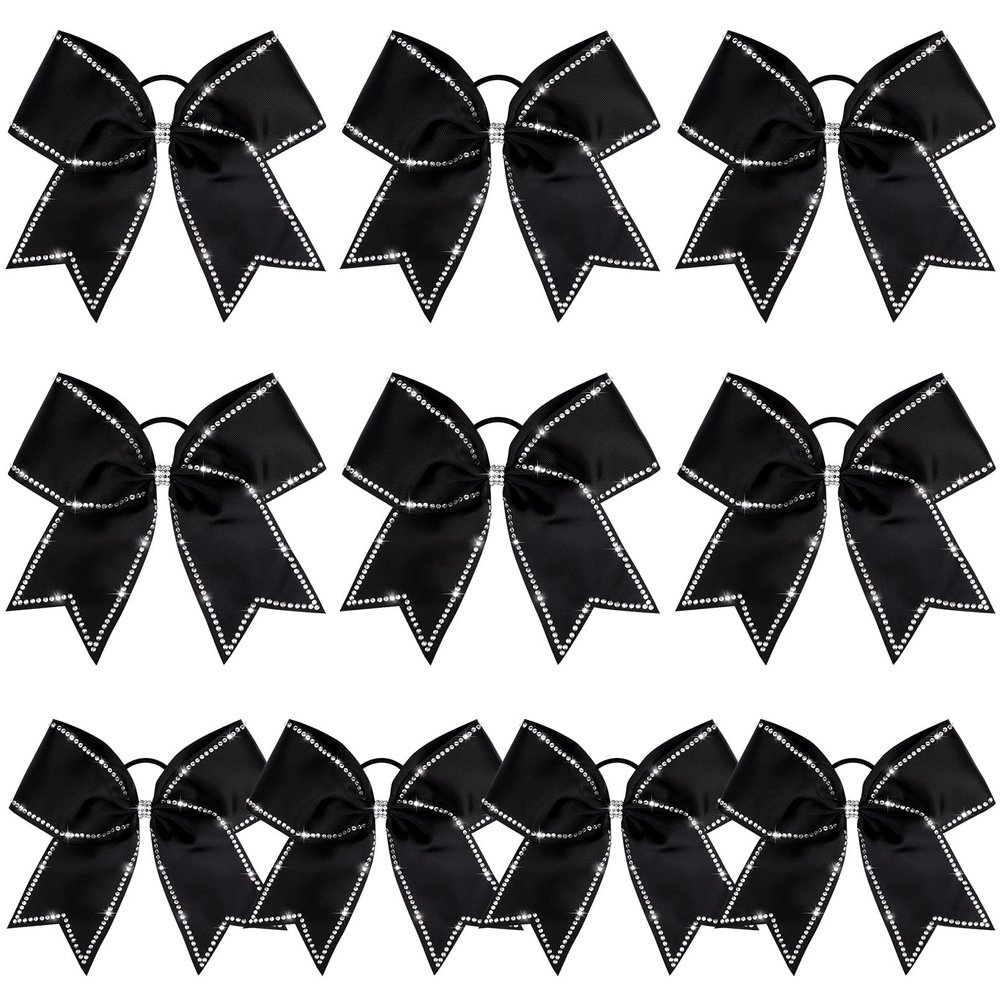 DEEKA 10 PCS 8" Rhinestones Large Cheer Hair Bows Glitter Cheer Ponytail Holder Handmade for Teen Girls Softball Cheerleader Sports -Black