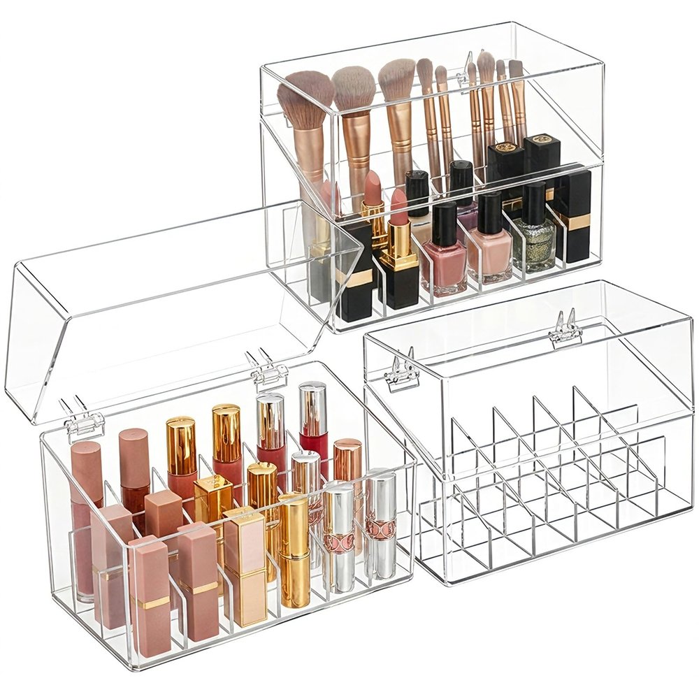 Foraineam 3 Pack Lipstick Holder Organizer with Lid, 18 Spaces Clear Acrylic Lipstick Display Stand Container, Dust-proof Beauty Makeup Storage Case for Cosmetic Dresser Vanity Cabinet Display