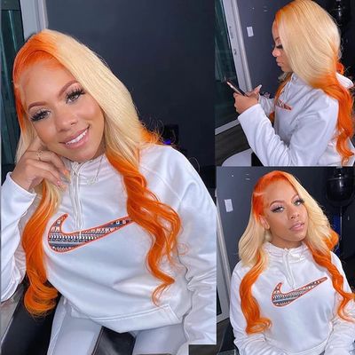 Anlimer Highlight Ombre Blonde 613 13x4 Lace Frontal Wig Orange Colored Root Full 150% Human Hair Body Wave Ginger Hd Transparent Front Wigs For Women (26, 13x4 Lace Front Wig 130 Density)