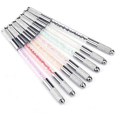 Ruluti Microblading Pens 7pcs Double-Headed Eyebrow Embroidery Tattoo Pens Crystal Handle Flat and Round Needle Pen Holder