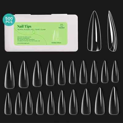 Beetles Gel Nail Tips Clear, Stiletto Medium, 500Pcs 10 Sizes, Pre-Shaped Full Cover Soft Acrylic False Press On Nail Tips Stiletto Shape Easy DIY Fall Nail Extension Salon Gift for Women