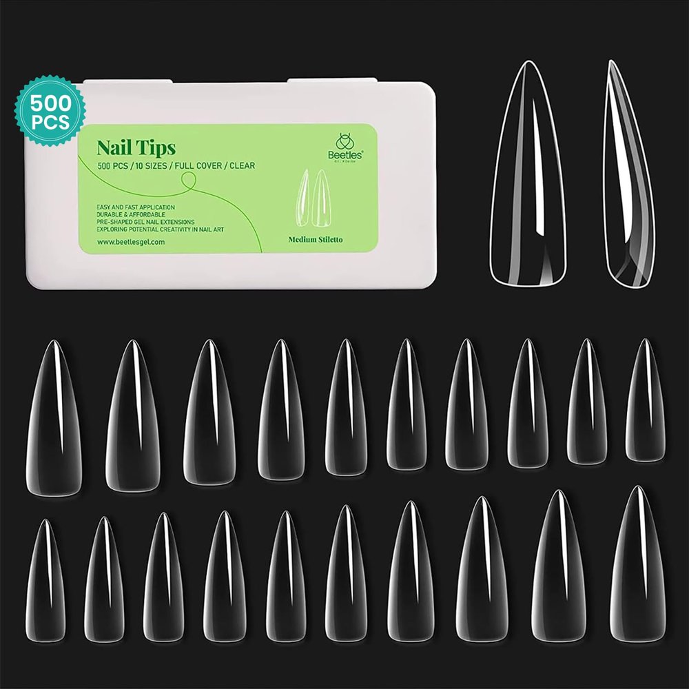 Beetles Gel Nail Tips Clear, Stiletto Medium, 500Pcs 10 Sizes, Pre-Shaped Full Cover Soft Acrylic False Press On Nail Tips Stiletto Shape Easy DIY Fall Nail Extension Salon Gift for Women
