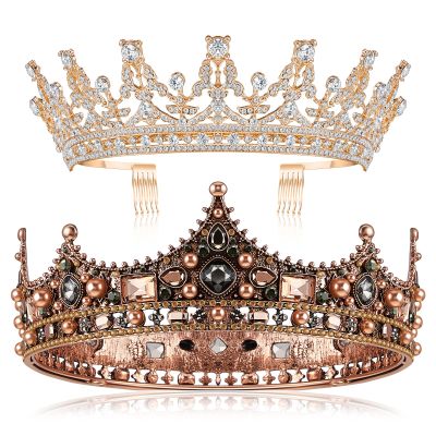 2 Pcs Silver and Retro Gold Tiara Crowns Prom King and Queen Crowns Set Valentine's Day Costume Hair Accessory for Men Women King Queen Prince Princess Tiara Birthday Prom Wedding Rave Party Supplies