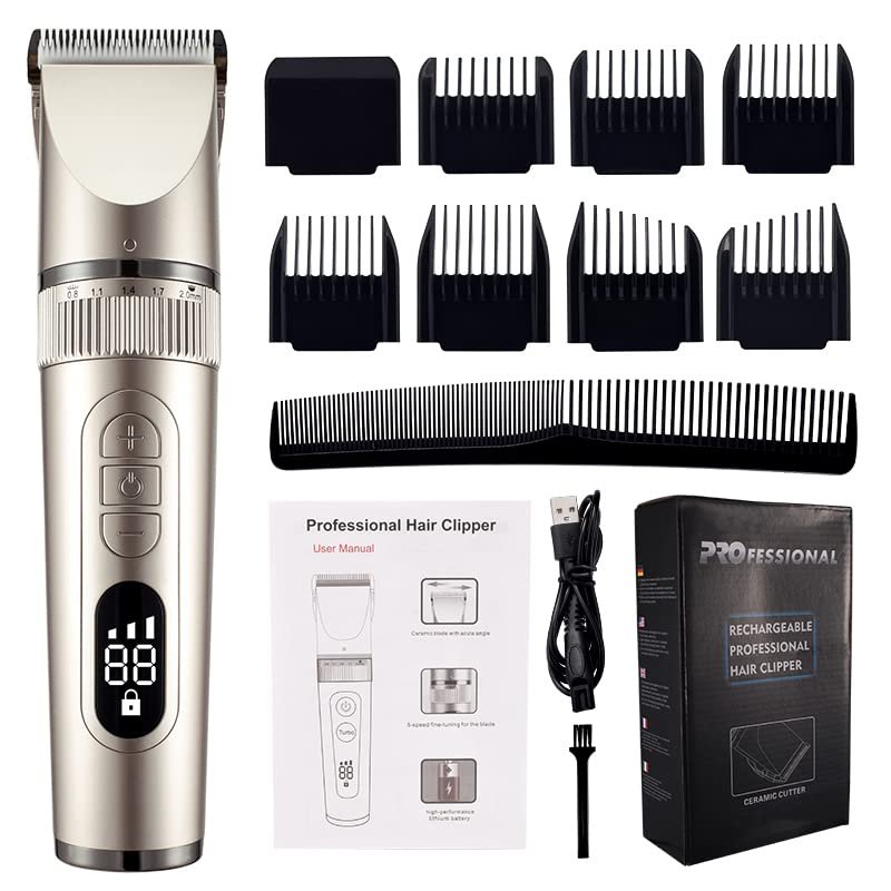 Professional Hair Clippers for Men, Full Body Washable Electric Hair Clipper Ceramic Professional Fine Adjustable Hair Trimmer Low Noise Hair Cutting Machine Razor (Color : Golden with box)
