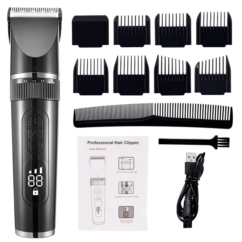 Professional Hair Clippers for Men, Full Body Washable Electric Hair Clipper Ceramic Professional Fine Adjustable Hair Trimmer Low Noise Hair Cutting Machine Razor (Color : Black no box)