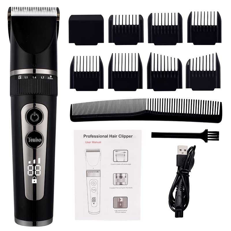 Professional Hair Clippers for Men, Full Body Washable Electric Hair Clipper Ceramic Professional Fine Adjustable Hair Trimmer Low Noise Hair Cutting Machine Razor (Color : Black no box)