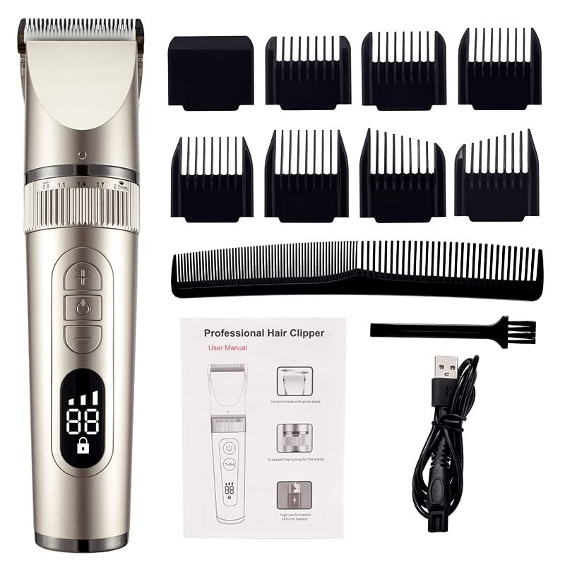 Professional Hair Clippers for Men, Full Body Washable Electric Hair Clipper Ceramic Professional Fine Adjustable Hair Trimmer Low Noise Hair Cutting Machine Razor (Color : Golden no box)