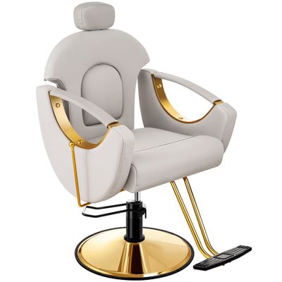 Baasha Ergonomic Reclining Salon Chair with Adjustable & Removable Headrest, Gold & Gray Hydraulic Styling Chair, Soft PU Leather, 135 Recline, 360 Swivel, Heavy-Duty Steel Frame, 330 lbs Capacity