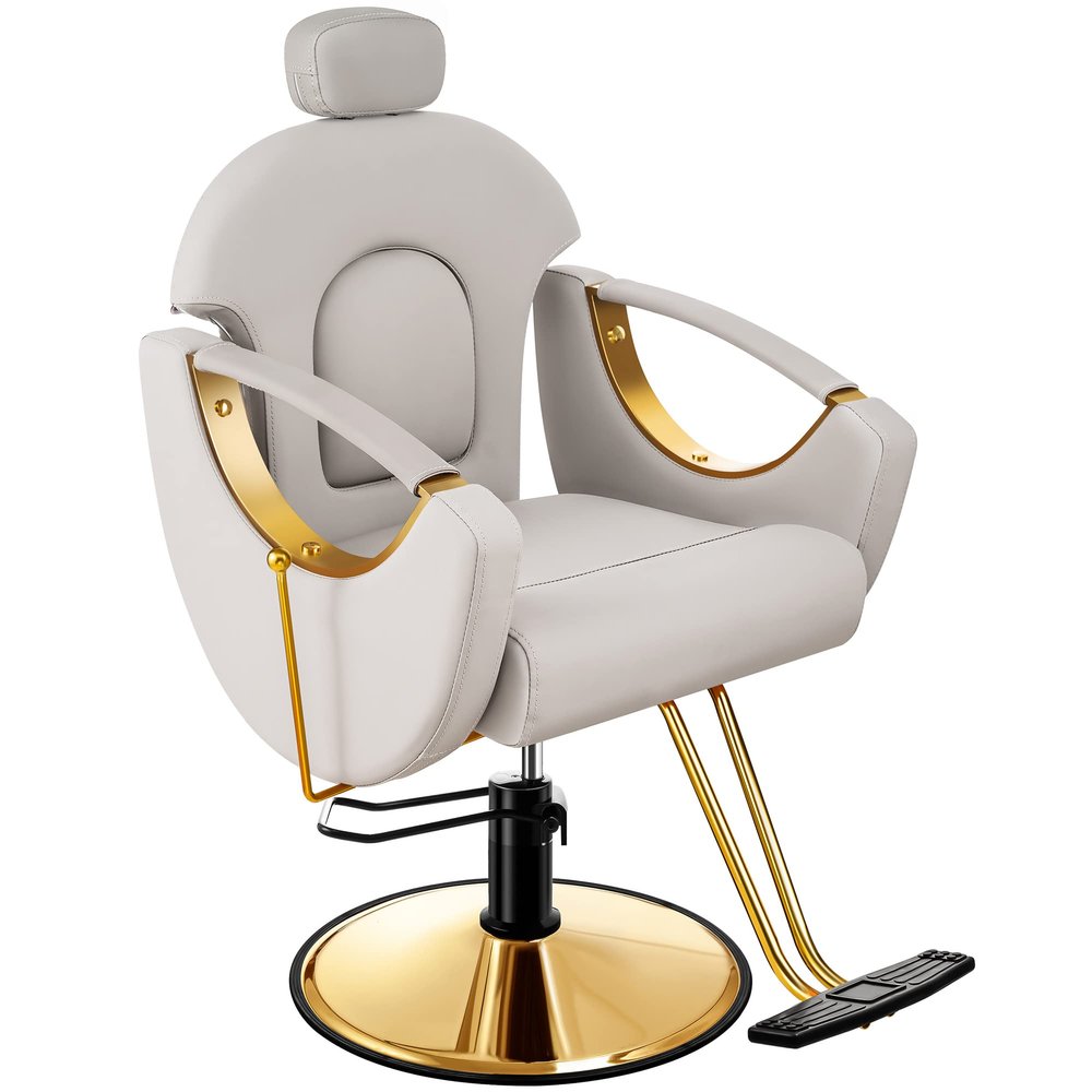 Baasha Ergonomic Reclining Salon Chair with Adjustable & Removable Headrest, Gold & Gray Hydraulic Styling Chair, Soft PU Leather, 135 Recline, 360 Swivel, Heavy-Duty Steel Frame, 330 lbs Capacity