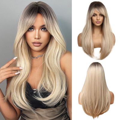 Esmee 24 Inches Long Straight Blonde Wig with Bangs Side Parting Natural Synthetic Hair Ombre Wigs for Women with Dark Roots for Daily Party Cosplay Wear