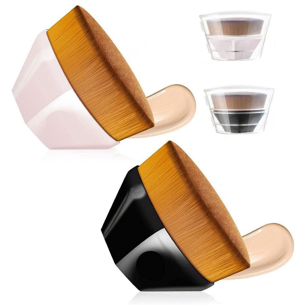 2 Pack Foundation Makeup Brush for Blending Liquid Cream Flawless Powder Face Blush with Protective Case( Pink and Black Hexagon Kabuki Brush)