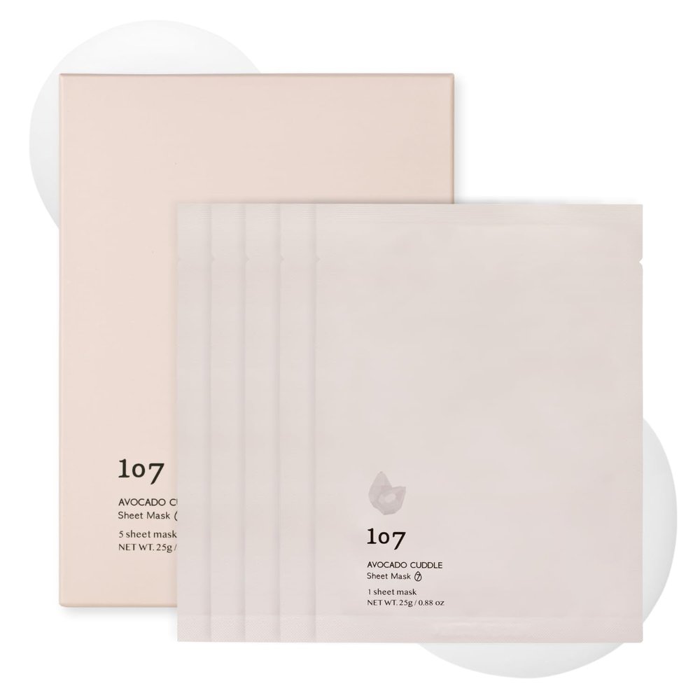 107 Avocado Face Mask, Pack of 5 Sheets, Infused with Avocado & Niacinamide, Nourishing & Moisturizing for Dry, Sensitive Skin, Korean Skincare, 0.88oz (25g) per Sheet