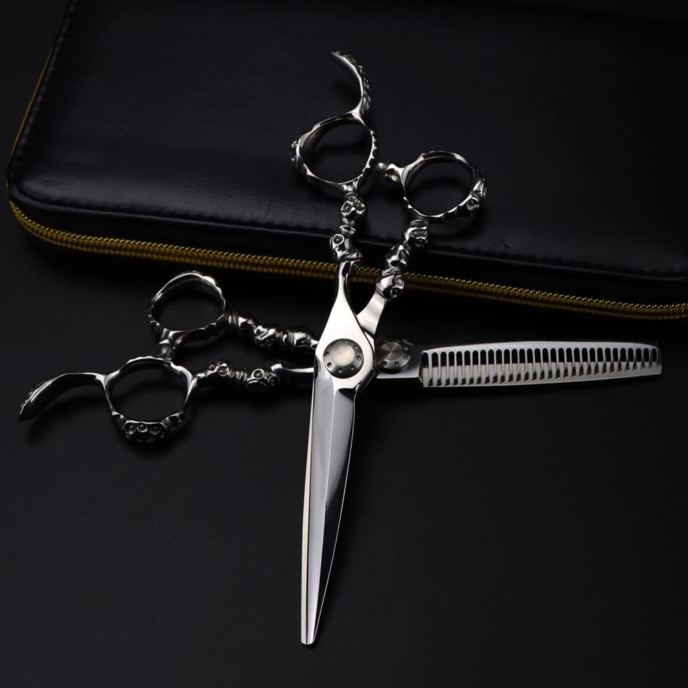 Professional Hair Cutting Shears, Professional Japan 440c 6 inch Skull modeling scissor Upscale hair scissors haircut thinning barber cutting shears hairdressing scissors (Color : Set with bag)