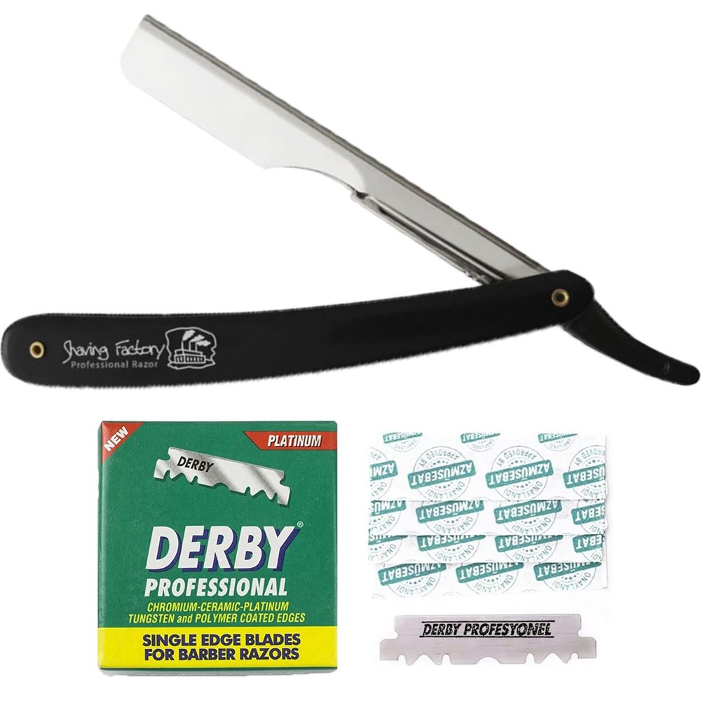 The Shave Factory Black & Silver Straight Edge Razor, Single Edge Blade Compatible Shaving Kit, Easy Replaceable Blade Razor