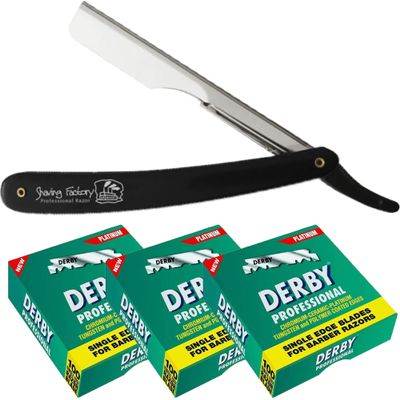 The Shave Factory Black & Silver Straight Edge Razor, Single Edge Blade Compatible Shaving Kit, Easy Replaceable Blade Razor (3 Piece Set)