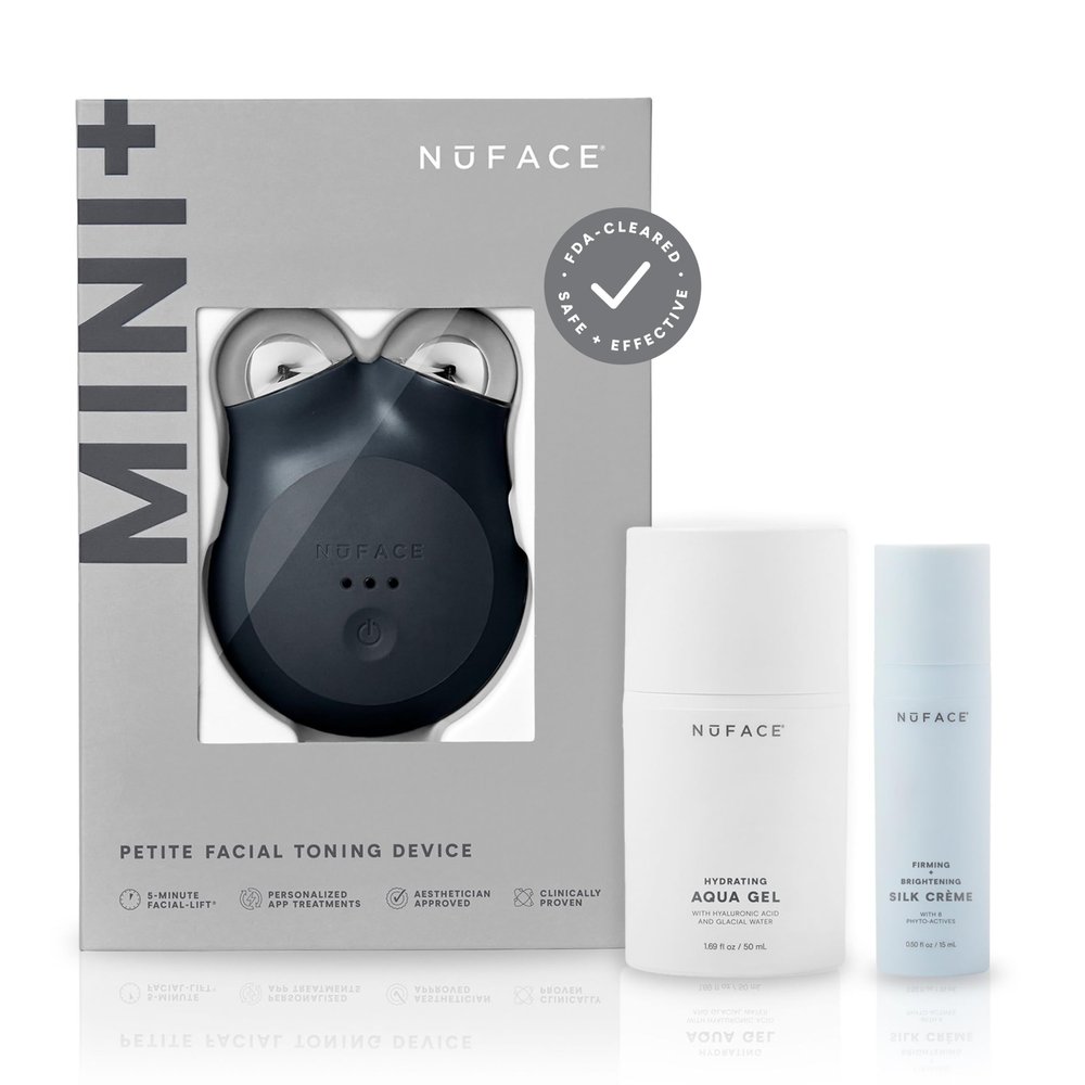 NuFACE MINI+ Microcurrent Facial Device Kit - FDA Cleared Face Sculpting & Skin Tightening Device to Contour, Lift & Tone + Microcurrent Gel Activator & Silk Creme - Midnight Black