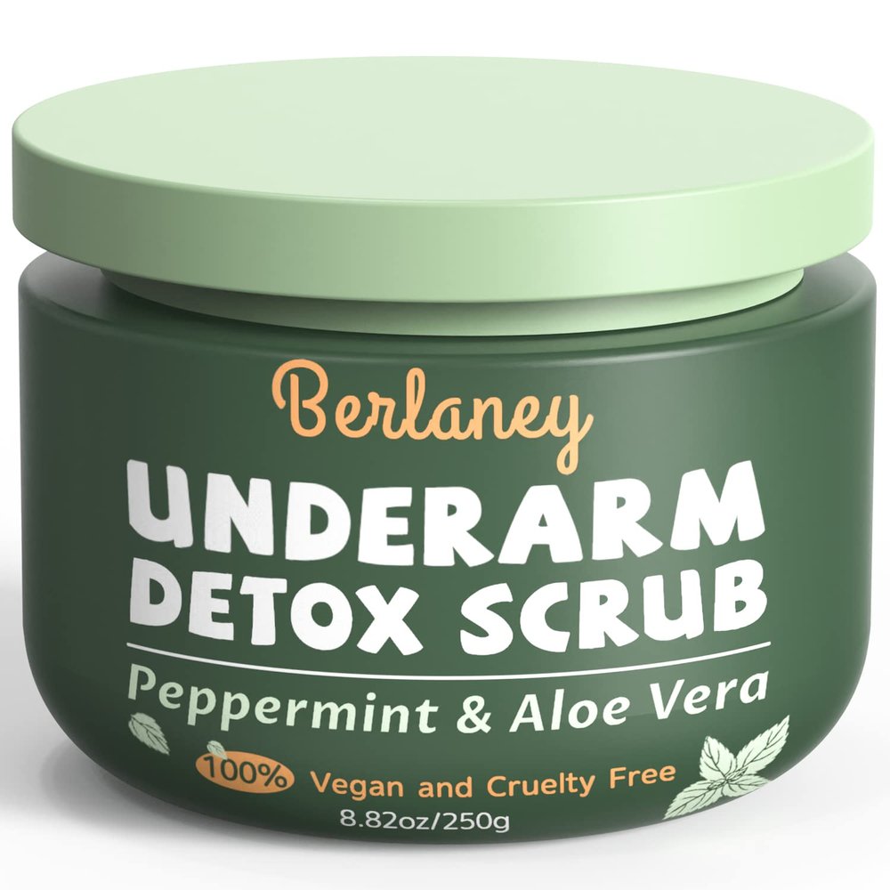 Berlaney Armpit Detox Scrub 8.8 oz with Peppermint, Aloe Vera and Walnut Shell Powder, Underarm Scrub Helps on Removing Odor, Deep Cleanse & Exfoliating, also for Legs, Knee, Feet, Hands Whole Body