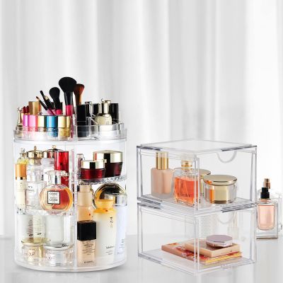 2 Pack Makeup Organizers, 360 Degree Rotating Plus Stackable Organizer Drawers, Large Capacity Clear Cosmetic Storage for Skin Care, Makeup Brushes, Hair Accessories, Lipsticks, Bathroom, Countertop