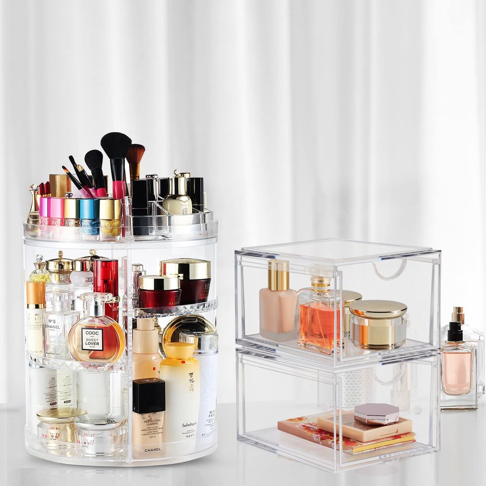 2 Pack Makeup Organizers, 360 Degree Rotating Plus Stackable Organizer Drawers, Large Capacity Clear Cosmetic Storage for Skin Care, Makeup Brushes, Hair Accessories, Lipsticks, Bathroom, Countertop