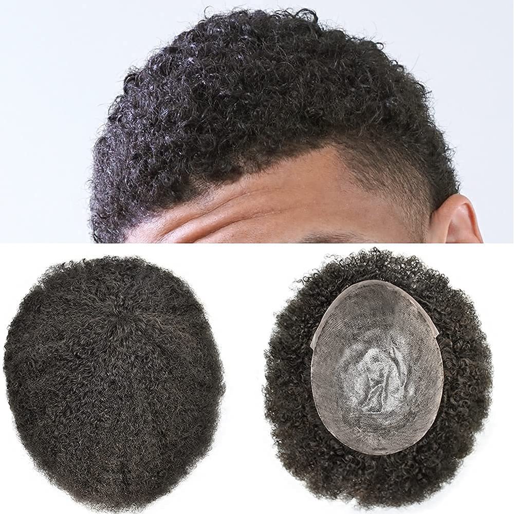 Afro Curl Toupee for Black Men Full Poly 8"X10" Inch 10mm Wave African American Human Hair Systems All Injection Hairpiece Replacement Kinky Curly Mens Wigs (10mm afro wavy, #1B Off Black)