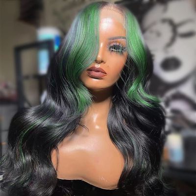 Anlimer Highlight Green Colored 13x4 Lace Front Wigs with Baby Hair Peruvian Human Hair Wig Remy Hair 4x4 Closure Wig for Women Silk Top Lace Frontal Wig Black Root Human Hair (12, 4x4 Silk Top Lace Wig 180 Density)