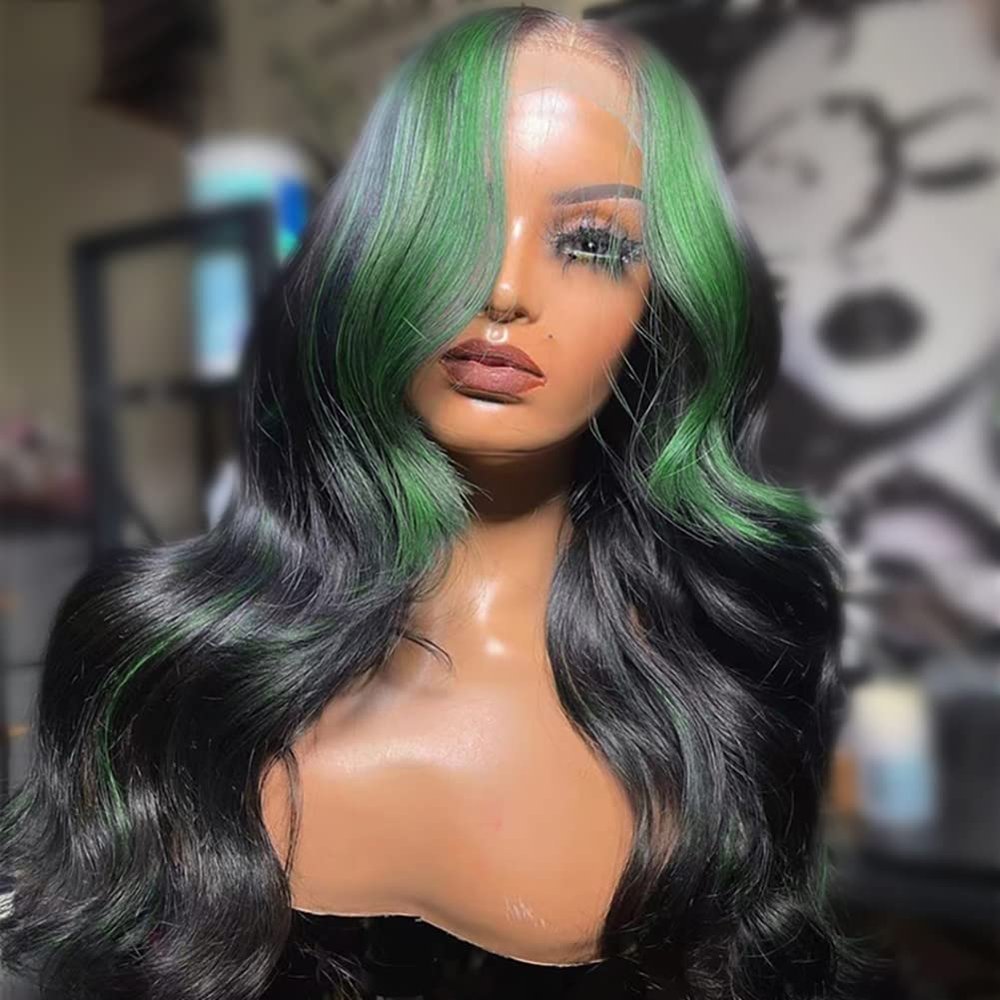Anlimer Highlight Green Colored 13x4 Lace Front Wigs with Baby Hair Peruvian Human Hair Wig Remy Hair 4x4 Closure Wig for Women Silk Top Lace Frontal Wig Black Root Human Hair (12, 4x4 Silk Top Lace Wig 180 Density)