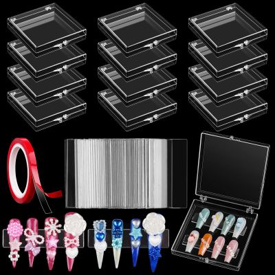 12PCS Press on Nails Storage Boxes Kalolary Anti-dust Empty Nail Display Box with 50PCS Nail Tips Display Holder & Double-side Tapes Acrylic False Nails Container for Salon Home Nail Storage Supplies