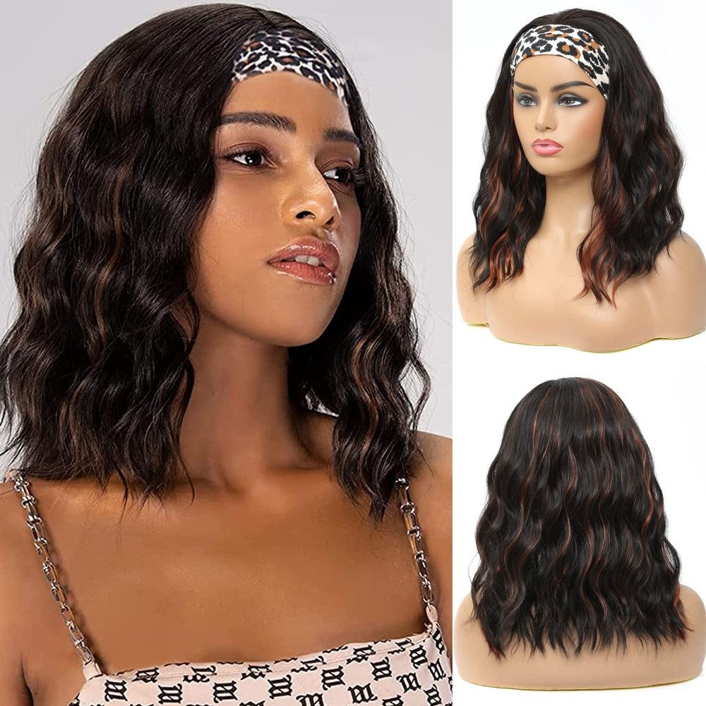 mcriley Black Mixed Brown Headband Wig Short Wavy Headband Wigs for Black Women Natural Curly Wigs with Headband Shoulder Length Wigs Natural Black 14 Inch Glueless Wigs for Daily Wear