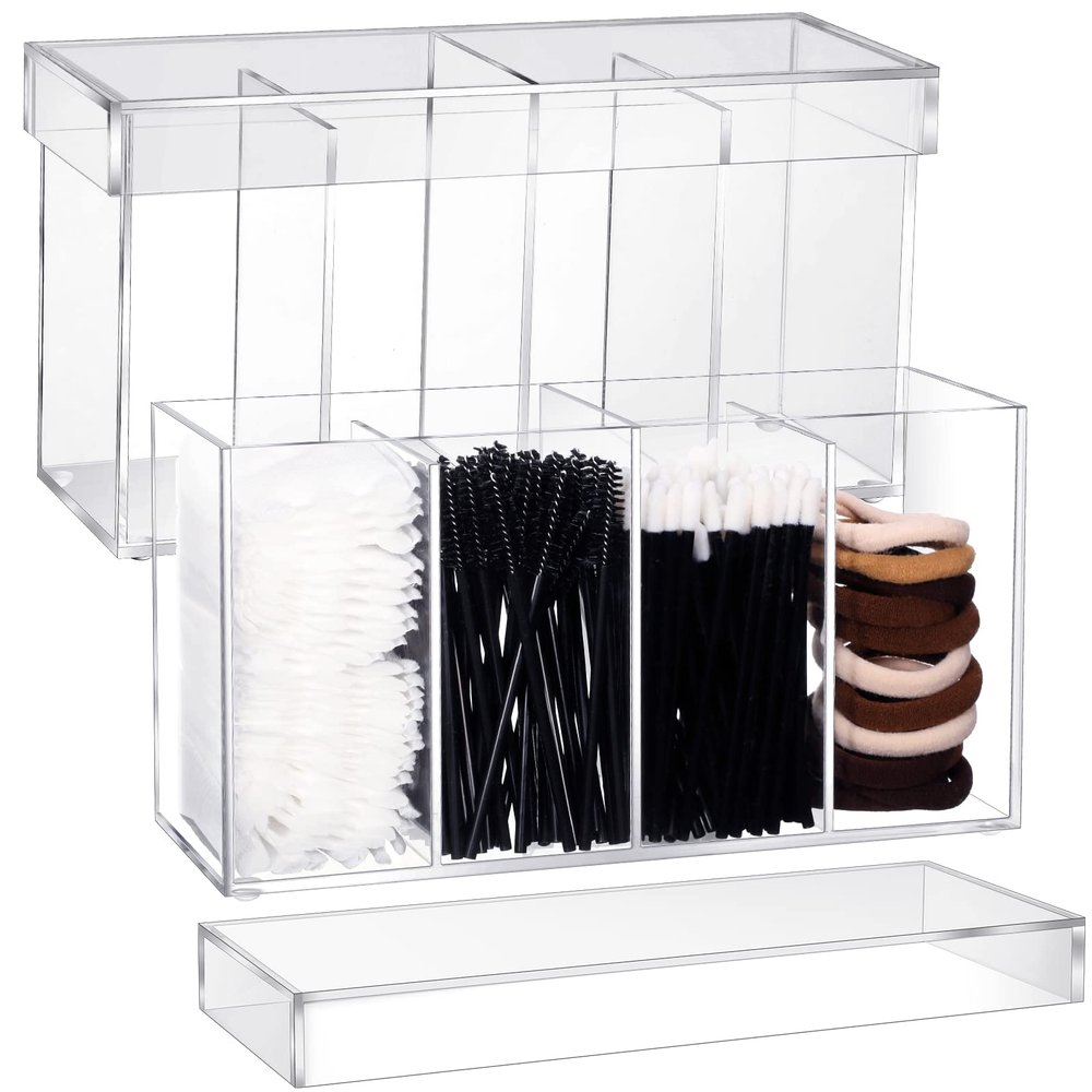 2 Pack 4 Compartment Acrylic Makeup Organizer with Lid Lash Cart Organizer for Lash Techs Bathroom Storage with 4 Tray Eyelash Mascara Brushes Supplies Brush Holder for Cosmetics or Office Supplies