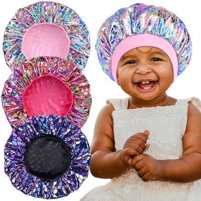 3 Pieces Kids Satin Bonnet Glitter Wide Elastic Band Sleeping Cap Soft Silk Double Layer Night Hair Hats for Teens Toddler Child Baby