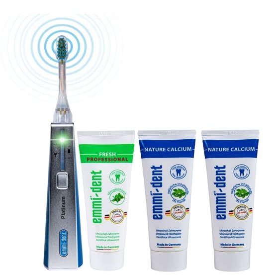 Emmi-dent Ultrasound Platinum Nature Sensitive Starter Set. Touchless Cleaning for Sensitive Teeth and Gums. Bundle Package Added 2 mild Ultrasound toothpastes. Rechargeable