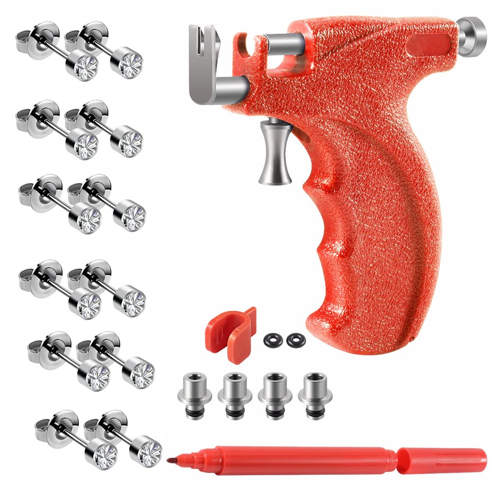 CHUANCI Professional Ear Piercing Gun Kit with 6 Pairs 361L Surgical Steel Earrings Steel Gun Stud Earrings for Body Nose for Home Use (Red Set)