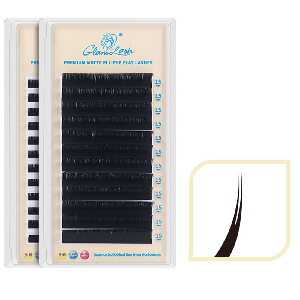 Eyelash Extension, Ellipse Flat Eyelash Extensions Individual Eyelash SuppliesSingle Individual Eyelashes For Salon 8-15mm C/D Curl 0.15/0.2mm Thickness (12mm, 0.20-D)