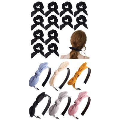 12 Pack Black Hair Ties and 6 Pack Headbands with Bow