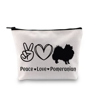 G2TUP Pomeranian Lover Gift Peace Love Pomeranian Makeup Bag Pomeranian Mom Cosmetic Bag Pomeranian Dog Owner Gift Zipper Travel Pouch (Peace Love Pomeranian White Bag)