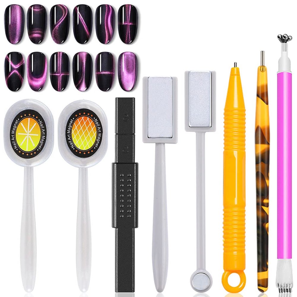 XEAOHESY 8 Pieces Nail Magnet Tool Set Double-Head Flower Design Nail Magnet Pens Animal Eye Magnetic Plate Multi-Function Magnet Board Magnet Stick 3D Magnetic for Cat Eye Gel Polish Nail Art
