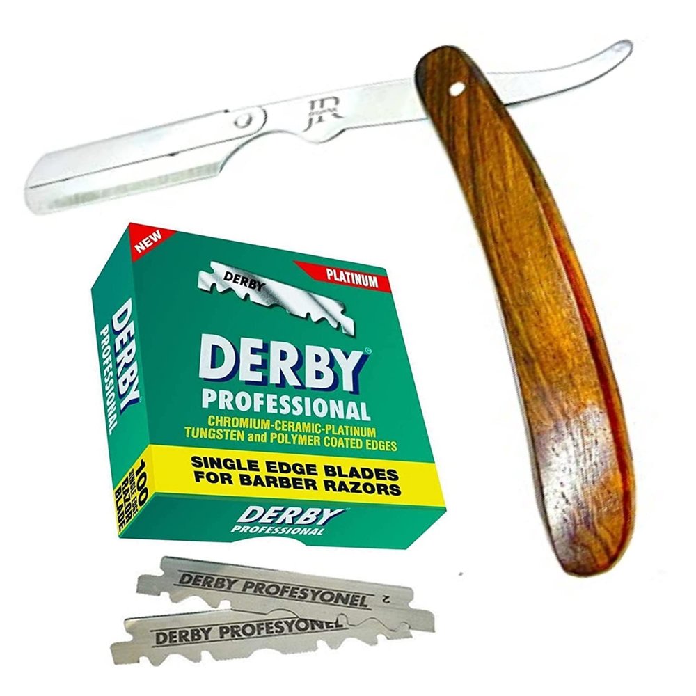 Jegwar Premium Professional Straight Edge Razor Natural Wood Scale  Sharp, High Hardness Carbon Steel Cutthroat Straight Edge Blade+100 Derby BLADES
