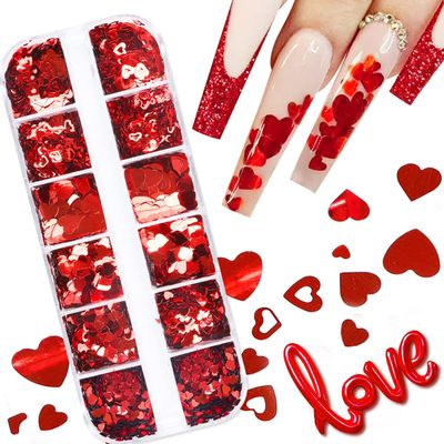 Heart Nail Art Glitters,12 Grids 3D Heart Nail Sequins for Valentine Day,Love Heart Nail Decals for Women,Holographic Red Heart Nail Stickers for Acrylic Nails Supplies,Designer Nail Art Decoration