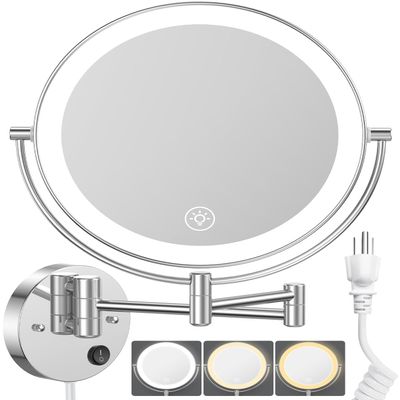 Benbilry 9" Large Wall Mounted Lighted Makeup Mirror, 1X/10X Magnifying 2-Sided AC Plug-in Powered Bathroom Mirror with 3 Color Lights, Touch Dimmable, Extended Arm 360 Rotation, Chrome