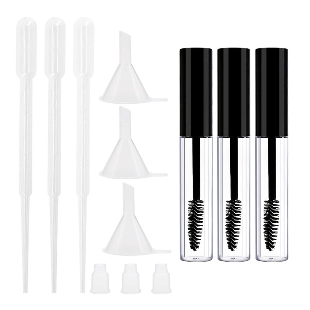 Debaishi 3 Pack 10ml Empty Mascara Tube Bottle with Eyelash Wand, Rubber Inserts, Funnels and Tubes, Cream Container Bottle with Funnels and Transfer Pipettes, for Castor Oil/Eyelash Growth Oil